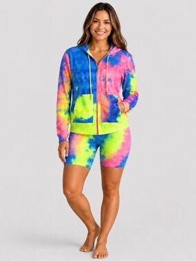 2-Piece Outfit: Neon Tie-Dye Hoodie & Shorts Set